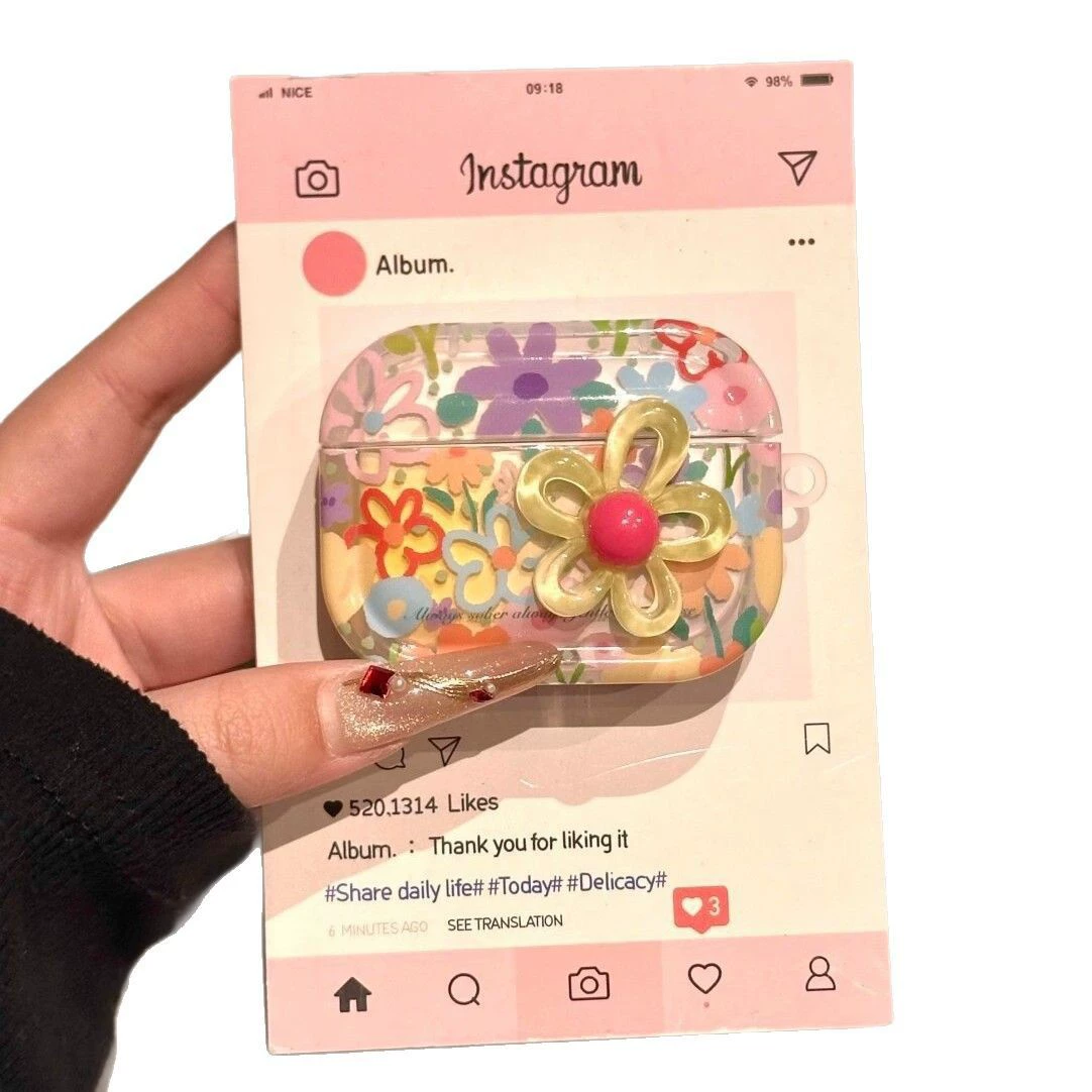 Чехол‑защита для AirPods (1–4, Pro/Pro2/Pro3) — летний цветочный силикон с подвеской (опция)