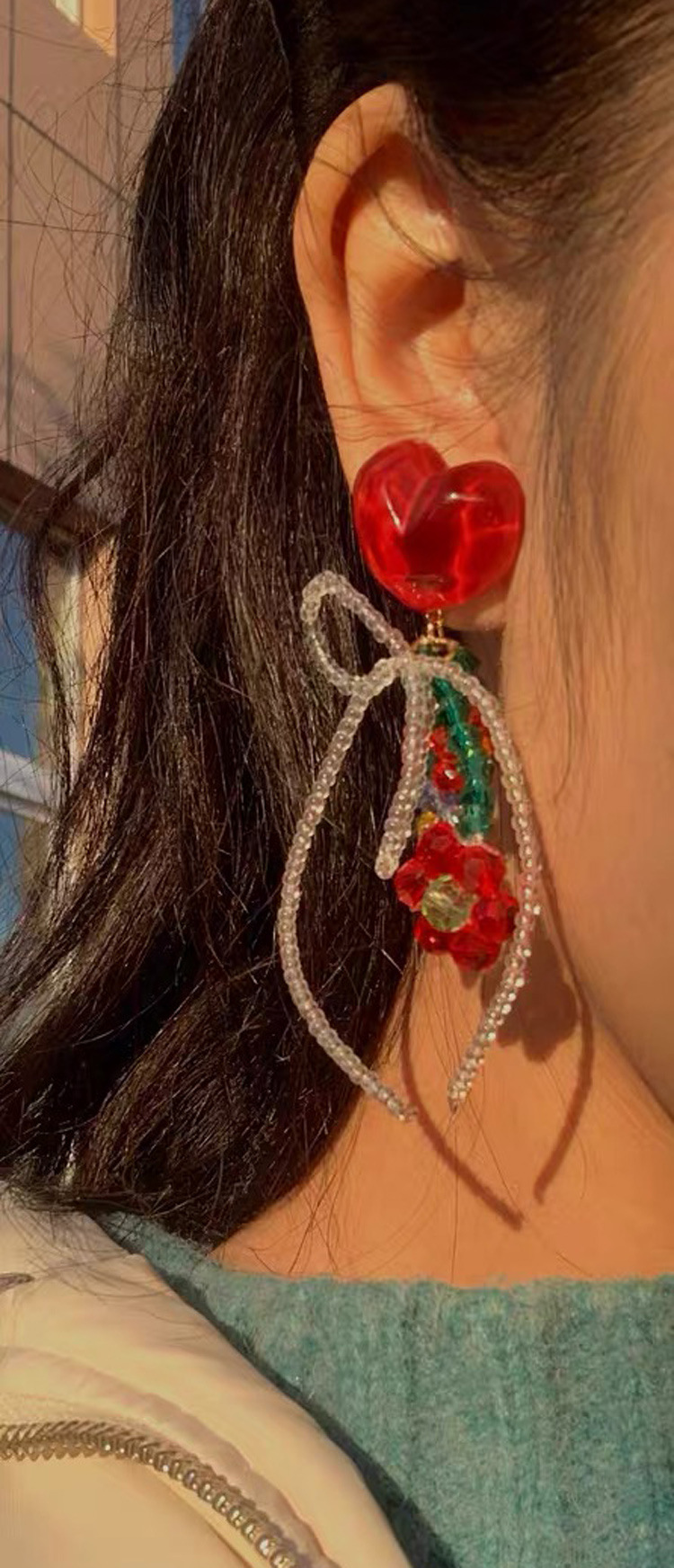 Mode Nouveau Coeur En Forme De Fleur Rouge Perle Arc Acrylique Boucles D'oreilles display picture 1