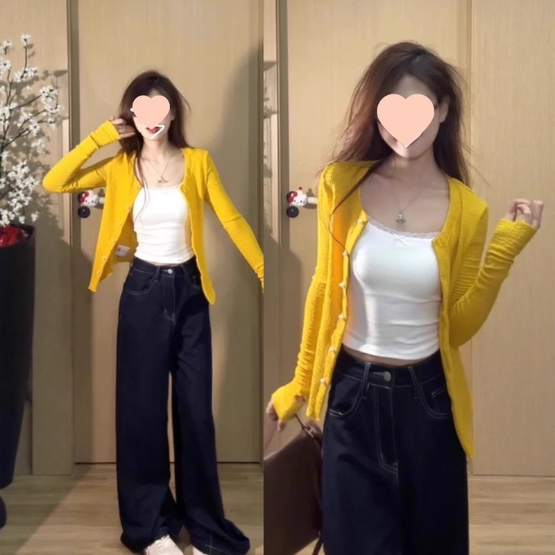黄色针织开衫外套女秋季薄款外搭2025新款设计感修身长袖上衣早秋|undefined