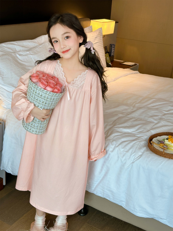 睡裙女童春秋款纯棉长袖睡衣女孩2025秋新款初中生大童公主家居服|undefined