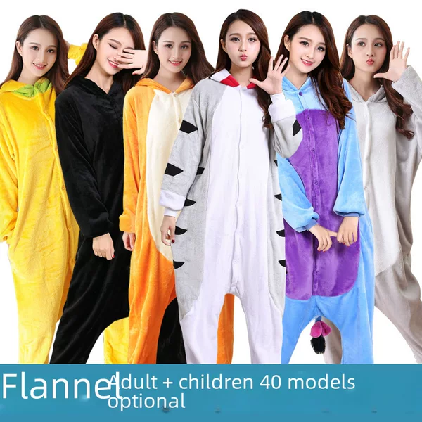 Autumn and Winter Cartoon One-Piece Pajamas for Men and Women, Shark and Kangaroo Flannel Adult Couple Animal Loungewear Onesie