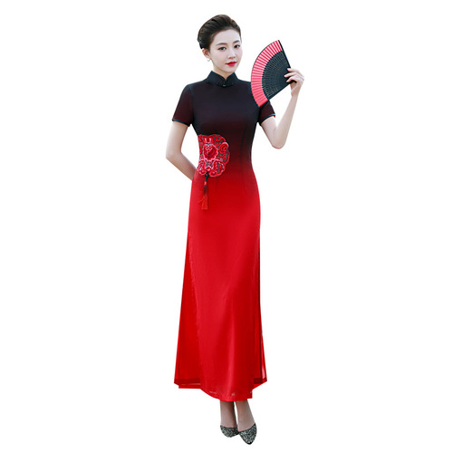  catwalk cheongsam paragraphs improved short-sleeved young Chinese Dress qipao for women girls host singer performance miss etiquette gown young stage costumes