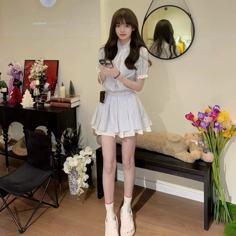 夏季条纹法式连衣裙女2025新款小个子巨好看收腰显瘦A字衬衫裙子|undefined