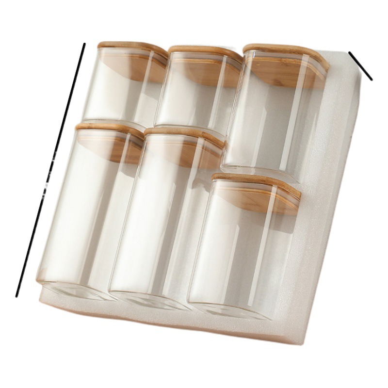 Tapa cuadrada de bambú Tarro de vidrio de 6 piezas Traje de algodón de perlas Caja de almacenamiento de frutas secas Botella de almacenamiento transparente de borosilicato al por mayor