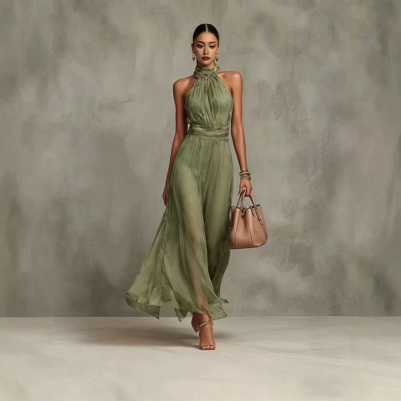 2026 New European and American Style Halter Neck Solid Color Chiffon Long Dress, Vacation Style, Waist-Cinching, Slimming, Pleated Dress 2026 New European and American Style Halter Neck Solid Color Chiffon Long Dress, Vacation Style, Waist-Cinching, Slimming, Pleated Dress