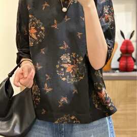 真丝香云纱对位花轻国风上衣夏季新款七分袖宽松圆领衬衣77