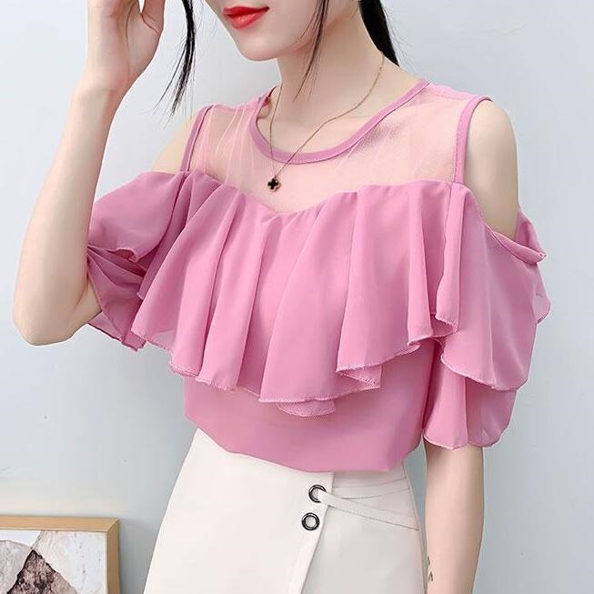 Trendy Loose-Fitting Ruffled Off-Shoulder Lace Chiffon Blouse Summer Super Fairy Short-Sleeve Pleated Sweet Top for Women