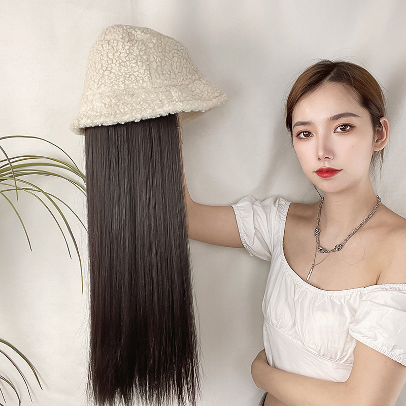En stock sombrero peluca mujer Pelo Largo fibra química seda peluca cabeza cubierta Internet celebridad coreano pescador sombrero largo pelo recto entrega de una pieza