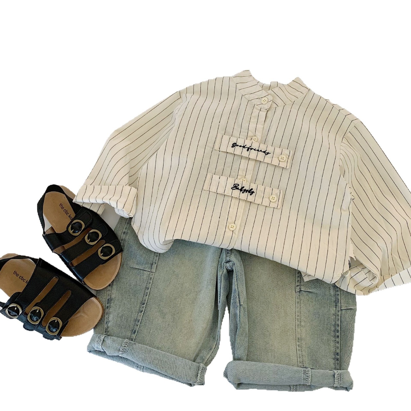 Camisas infantiles de Mai Bao 2025 otoño para niños Camisas casuales bordadas a rayas para niños de media edad, camisas coreanas de moda