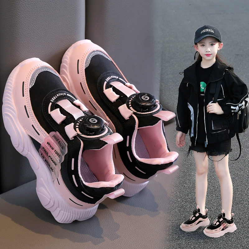 Обувь для девочек осень 2024 новые детские кроссовки черные вращающиеся пуговицы летняя сетка красная папочка обувь для девочек