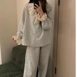 少女韩版格纹印花睡衣女款新款夏大码休闲蕾丝花边家居服新年套装