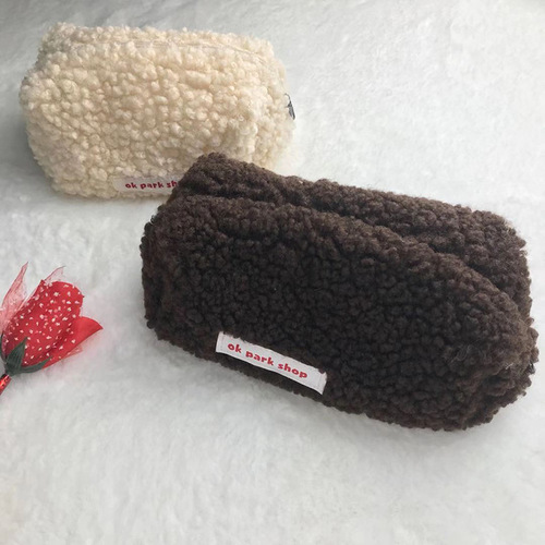 Fleece Makeup Bag Korean Style Fashion Simple Lamb Fur Pen Bag Large Capacity Zero Wallet Stationery Bag Storage Bag Square