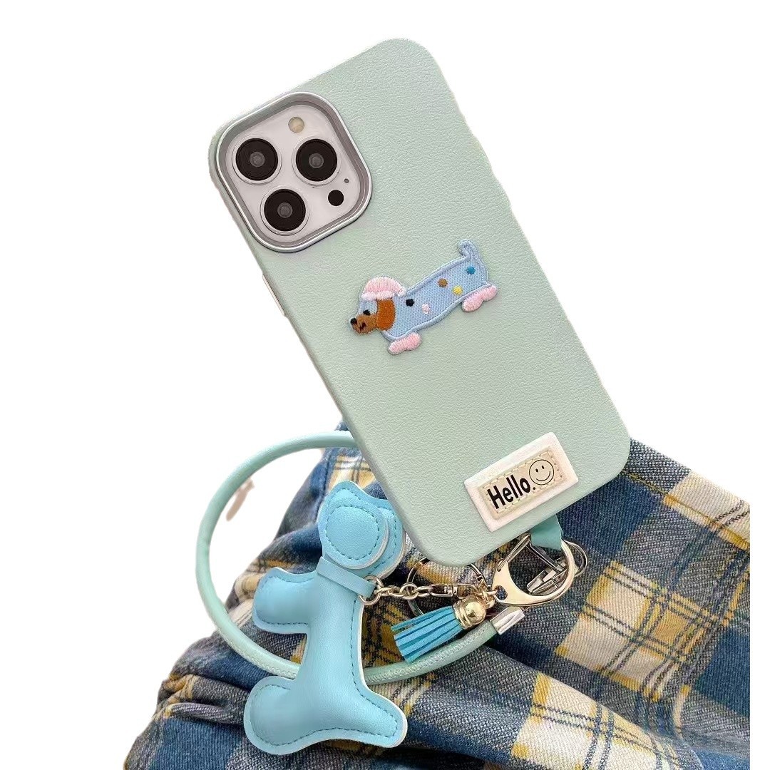 Perro bordado de dopamina para iPhone16promax funda para teléfono móvil Apple 15/14 dos en uno patrón de piel 13p