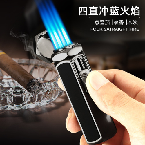 HL1003 powerful four-fire direct blue flame inflatable lighter men's metal cigar windproof gas lighter