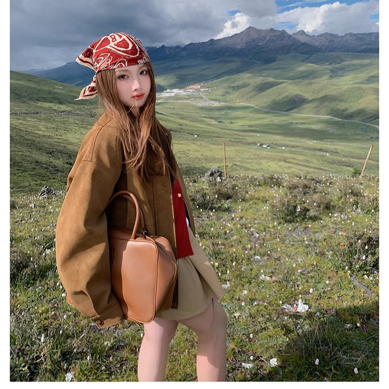 【原版雪花皮】美拉德复古麂皮绒外套女秋季宽松翻领休闲机车夹克|undefined