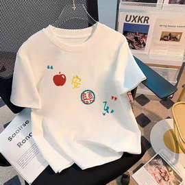 夏季2024韩版纯棉短袖T恤运动时尚喜庆搞怪潮中大童新款白色上衣