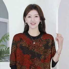 时尚妈妈大码圆领印花针织衫2025秋装新款中老年宽松遮肚打底衫女