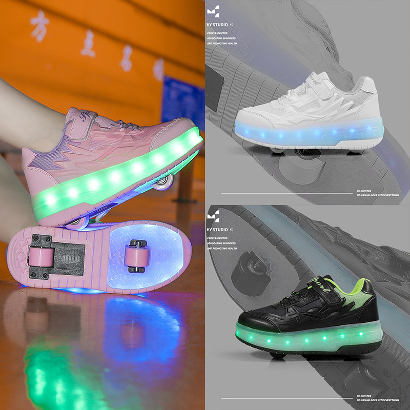 Cross-border direct selling double-wheel walking shoes children's walking shoes shrink girls' boys' roller skates charging flashing skates