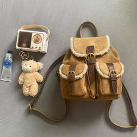 复古美拉德包女2023秋冬羊羔毛绒面双肩包手提单肩包软萌羊羔毛