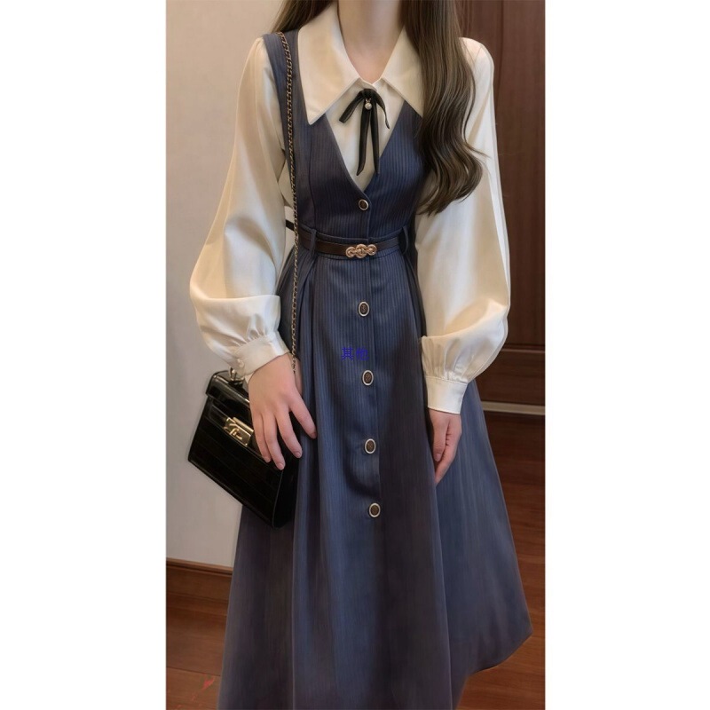 【韩系学院风背心连衣裙子女早初秋新款小个子气质衬衫穿搭套装长|undefined