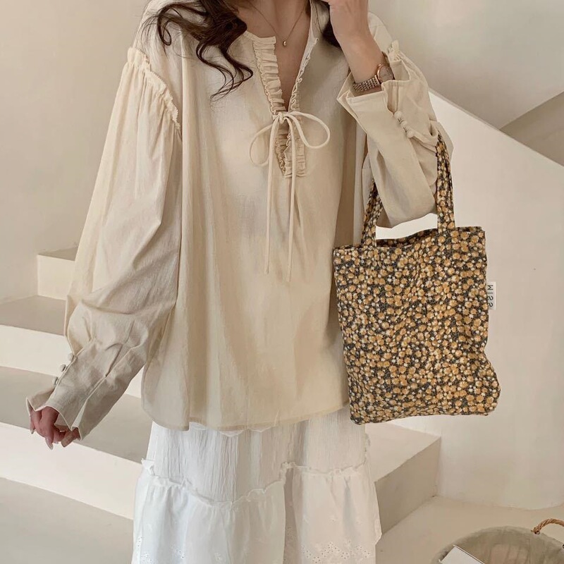 Wood-ear Deep V-neck Hemp Lace-up Shirt Women's Spring and Summer French Loose Design Long-sleeved Shirt 2025 New