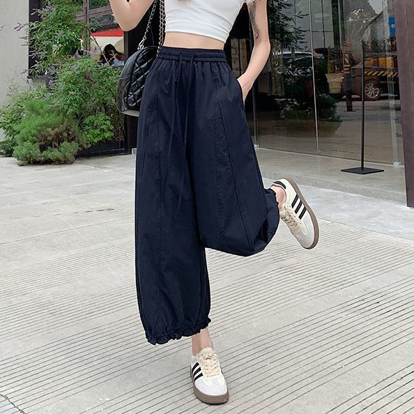 藏青色阔腿裤女夏季薄款冰丝花苞灯笼裤高腰显瘦边九分裤|undefined