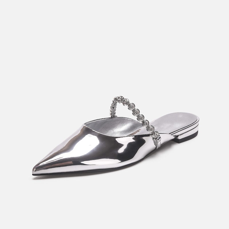 Silver Gemstone Chain Pointed Toe Mules For Women Elegant Flats_voghion.com