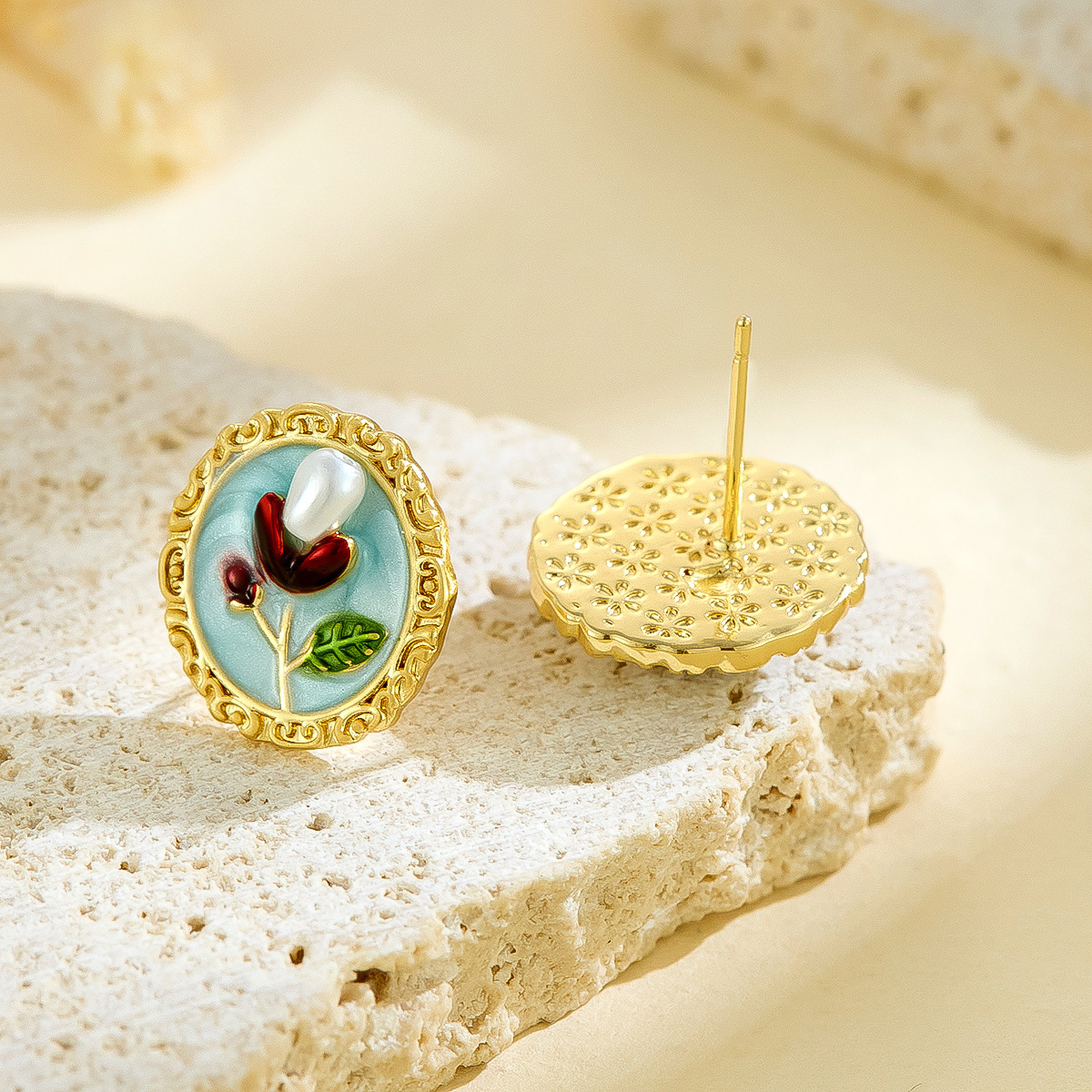 Pintura al óleo medieval estilo moda todo-fósforo pintura de perlas gotas de aceite pendientes de flores estilo dulce diseño de nicho pendientes mujeres