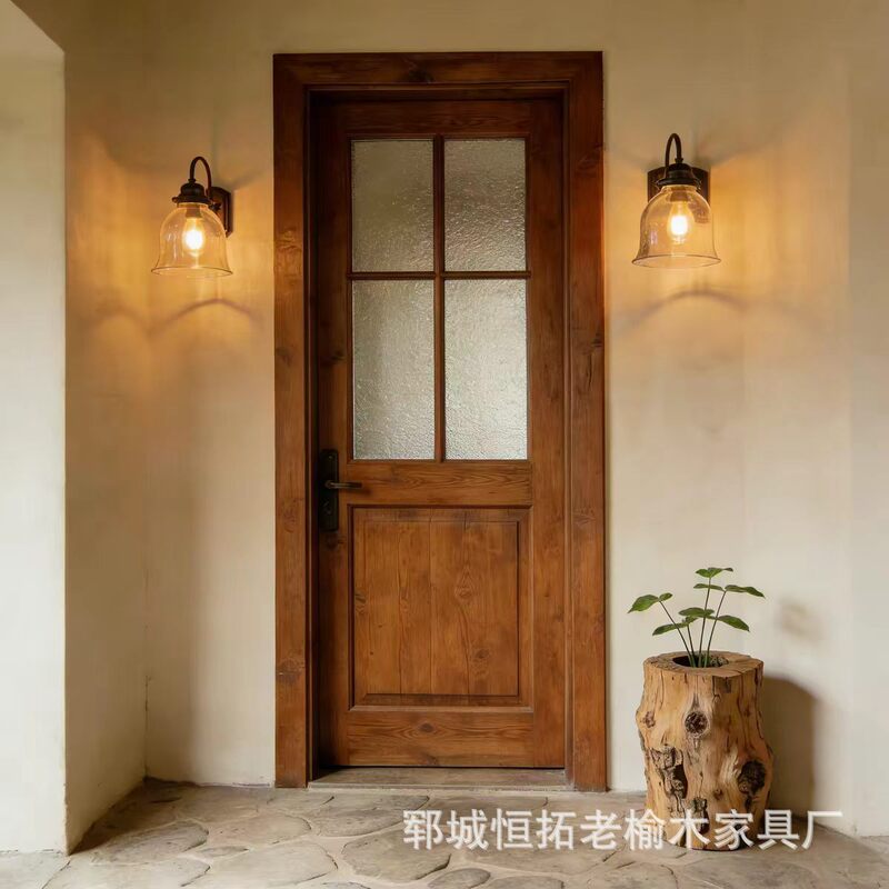 Old Elm Wood Interior Door with Vintage Transparent Glass, Natural Wood Bathroom Door, Wabi-Sabi Style Pure Solid Wood Door Old Elm Wood Interior Door with Vintage Transparent Glass, Natural Wood Bathroom Door, Wabi-Sabi Style Pure Solid Wood Door