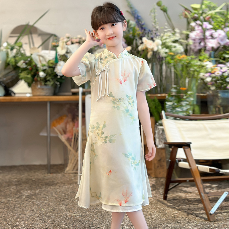 女の子の新しい中国風のチャイナドレス、中国風の改良されたチャイナドレスロングスカート、女性の夏の新しいレトロな気質プリントドレス|undefined