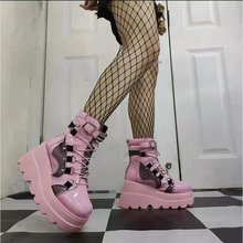 Demonia 厚底靴2023新款暗黑哥特式粉红坡跟短靴女欧美大码马丁靴