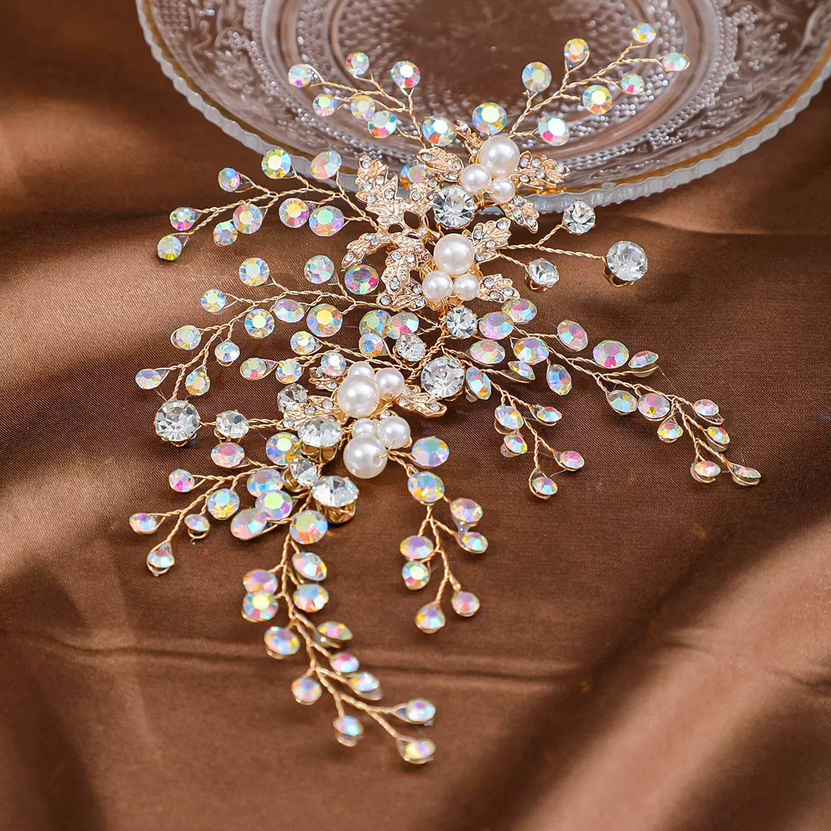 欧美新娘发带头饰亚马孙热销金叶子发箍配饰手工珍珠盘发礼服头饰