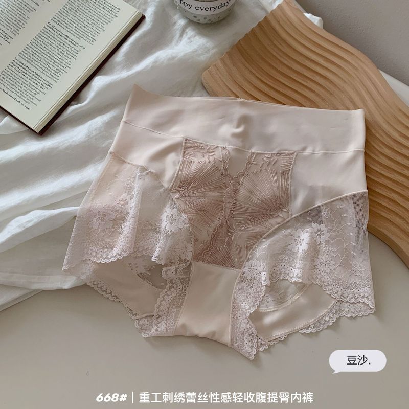 刺绣贵妇提拉高腰收腹弹力贴合轻薄提臀桑蚕丝裆部高品女生三角裤|undefined