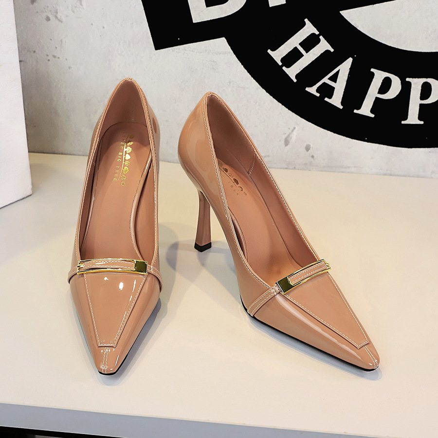 1619-7 Korean Style Sexy Party High Heels Metal Buckle Pointed Toe Shallow Mouth Stiletto Women's Shoes Professional_vogvips.com