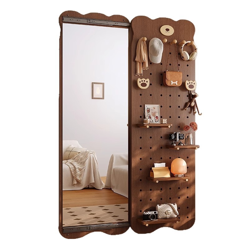 Tablero de agujero de madera maciza, espejo de cuerpo entero, estante trasero de puerta integrada, espejo de cuerpo entero en la pared con forma del hogar, percha de entrada