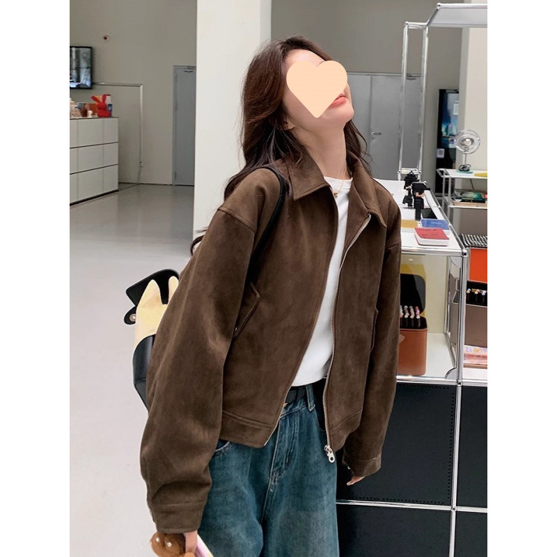 美拉德咖色仿麂皮外套女2025新款复古短款高级感韩系秋季夹克上衣|undefined