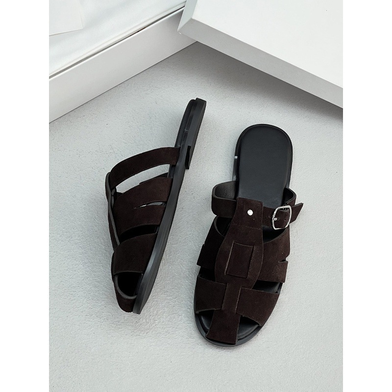¡Minimalismo retro! Francia T & R trenzado zapatillas de verano nuevo hueco con hebilla plana zapatillas romanas