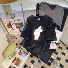 做旧水洗黑色短袖T恤女夏季新款纯棉半袖圆领体恤情侣上衣打底衫