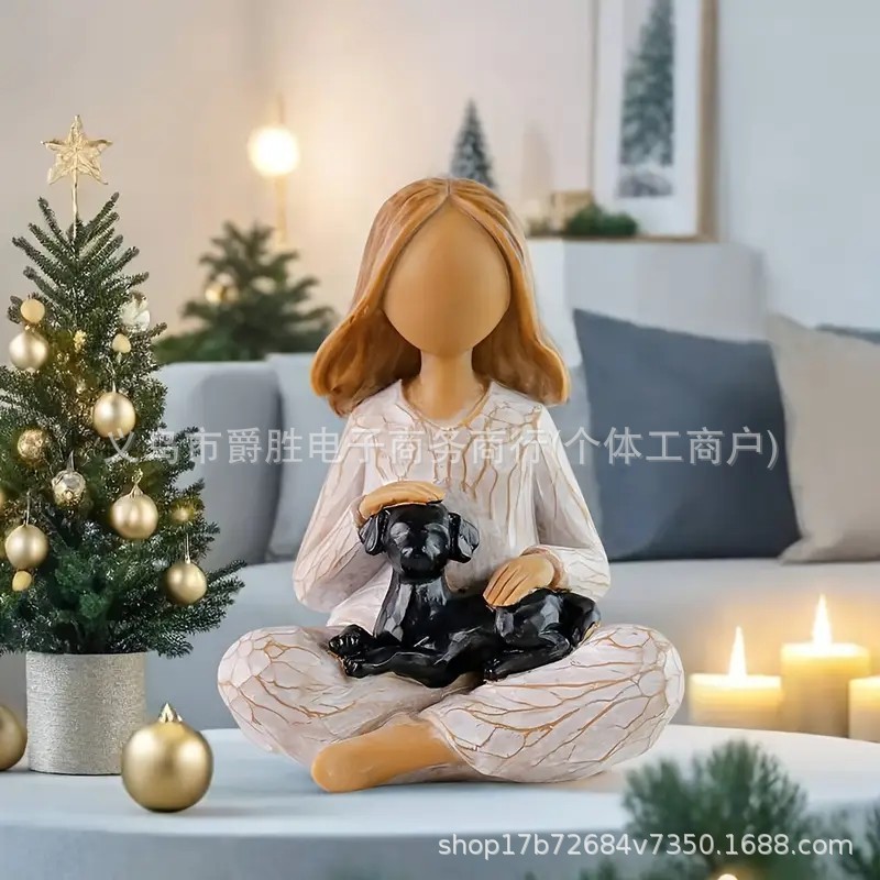 犬を抱く少女の創造的な作品、クロスボーダー柳の木彫りの少女の友情像、樹脂工芸品像|undefined