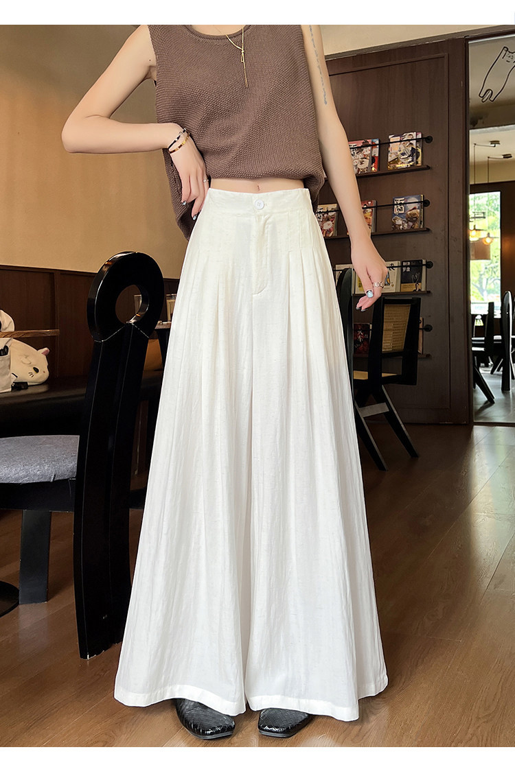 Quần tây nữ vải lanh cạp cao ống rộng mùa hè — Xanh lông mòng đen chi tiết 27
