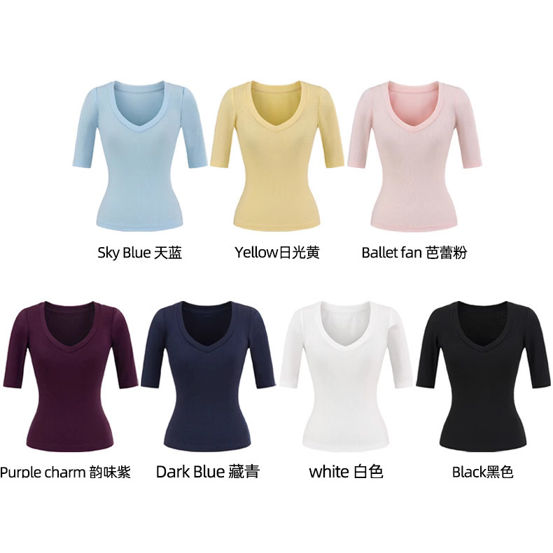 Multi-Color Basic Tencel Shoulder Pad V-Neck Mid-Sleeve T-Shirt for Women, Three-Quarter Sleeve Slim Base Shirt, Thin Top for Summer