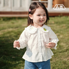 女の子人形襟スタイルシャツ子供服 2025 秋の新子供の耳かわいい刺繍トップ