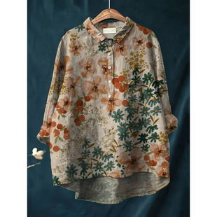 in stock Foreign Trade New Casual Hawaii Long-sleeved Cross-border Women's Long-sleeved Shirt Cotton and Linen plus size Top