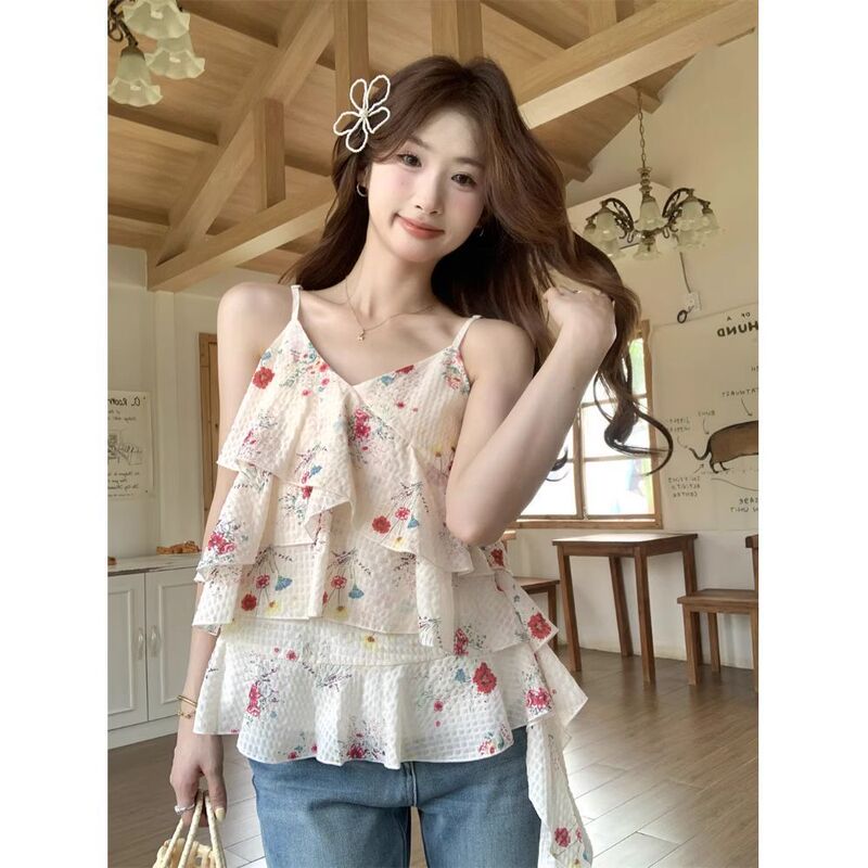 Floral Camisole for Women, Summer Korean Style Sweet Ruffled Irregular Tie-Neck Top for Outerwear