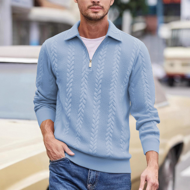 European and American Style Half-Zip Pullover Sweater with a Turn-Down Collar, Casual Men's Knitted Cable Knit Sweater, Versatile and Casual