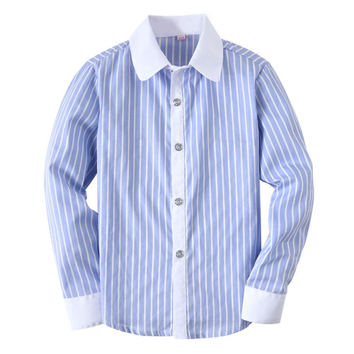 Children's long-sleeved pure cotton shirt blue striped boys and girls middle and large children primary school uniform shirt one piece drop shipping