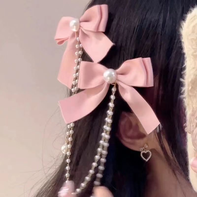 Pink Bow Fringe Hairpin ~ Pink Girl Heart Bow Fringe Hairpin