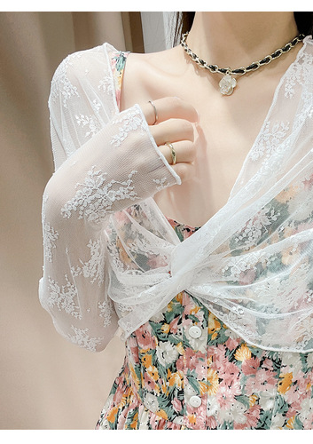 Sun protection shawl lace bottoming shirt for women in summer with suspender skirt and blouse gauze hollow mesh top thin