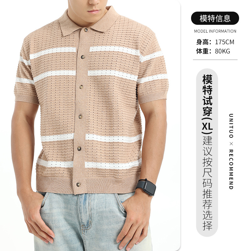 Polo de hielo de punto de hombre, camiseta de manga corta, hombre de verano viejo, estilo de alto nivel, camiseta de botón de negocios, camiseta de hombre