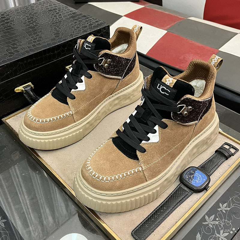 Thick-Soled High-Top Shoes for Men, Suede Cowhide, Fleece-Lined, Thickened Short Boots, New Style Cotton Shoes, Winter Warm Color-Blocking Snow Boots for Men